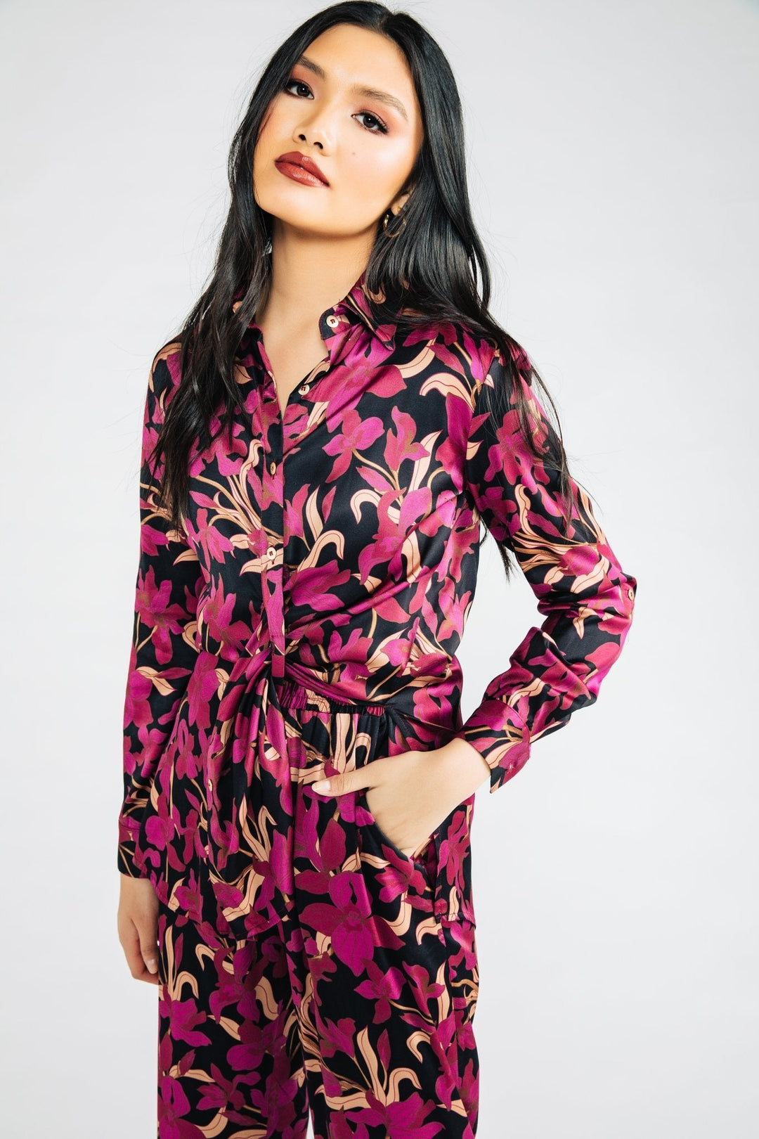 Magenta Floral Satin Bettina Blouse - Chloe Kristyn