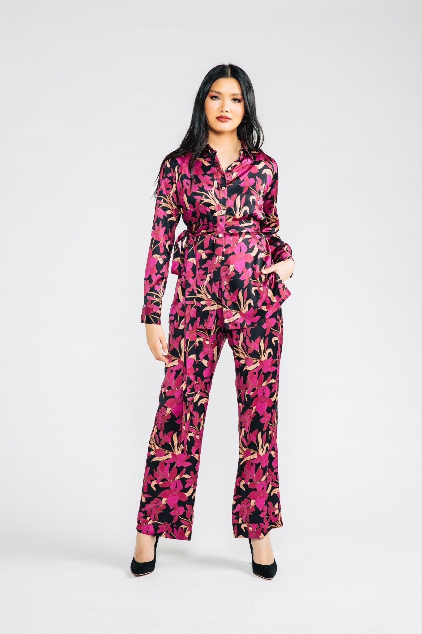 Magenta Floral Satin Bettina Blouse - Chloe Kristyn