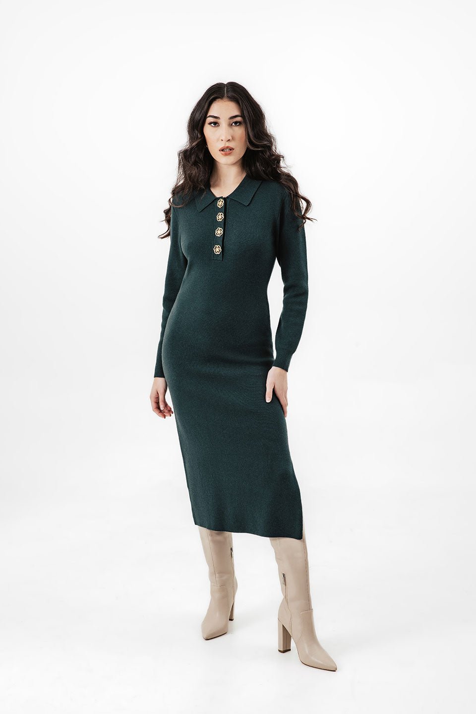 Brandy Henley Sweater Dress - Evergreen - Chloe Kristyn