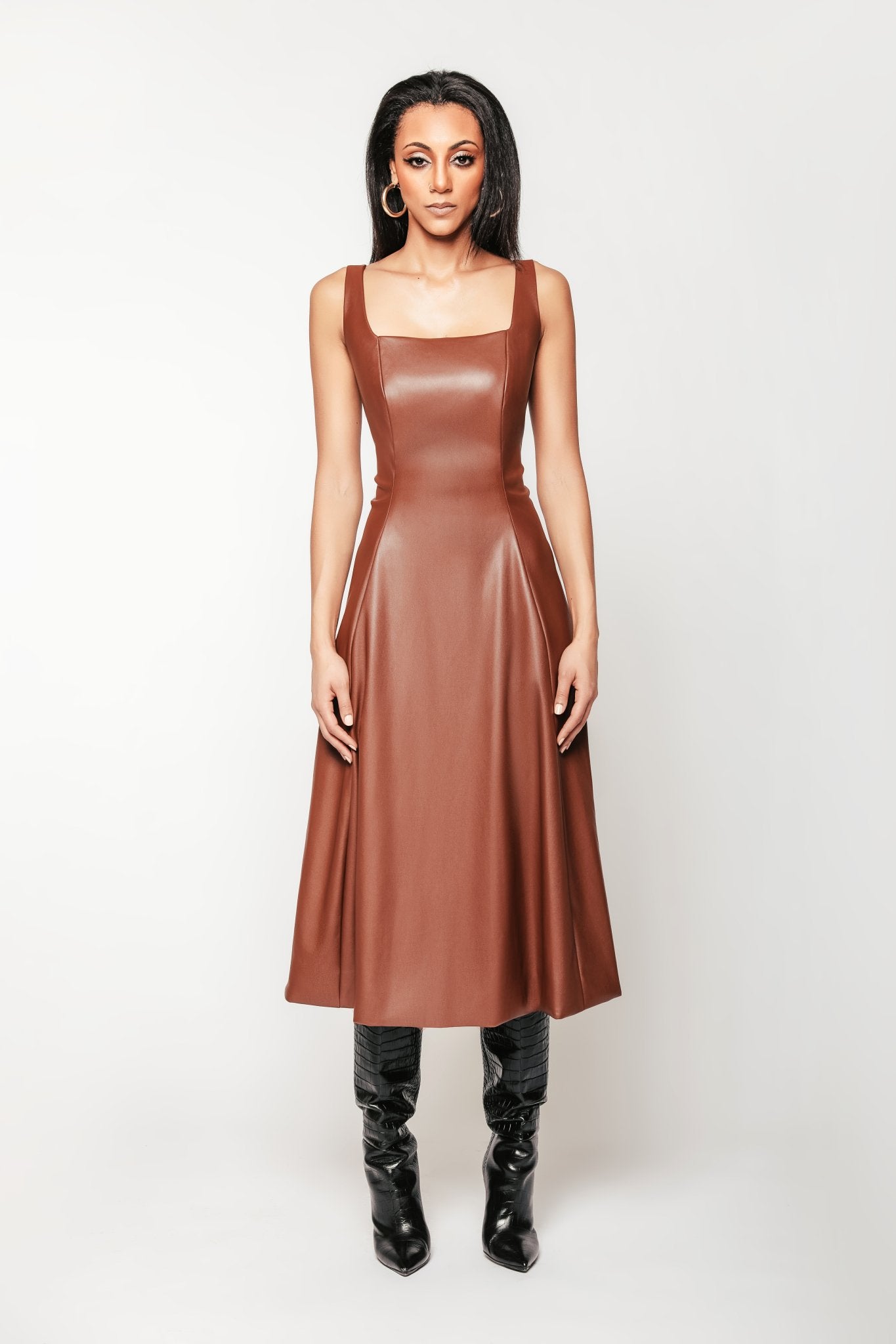 Cognac Vegan Leather Elle Dress - Chloe Kristyn